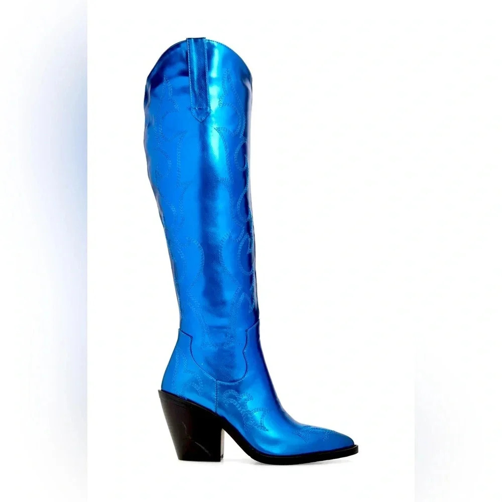 Azalea Wang Mimi Western Boots Blue Size 7 Cowboys Party Metallic Swiftie NWOB
